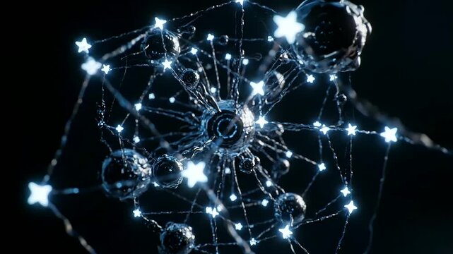 Vibrant abstract representation for AI Drug Discovery, featuring glowing star-shaped nodes forming a dynamic, interconnected scientific network on a dark background.