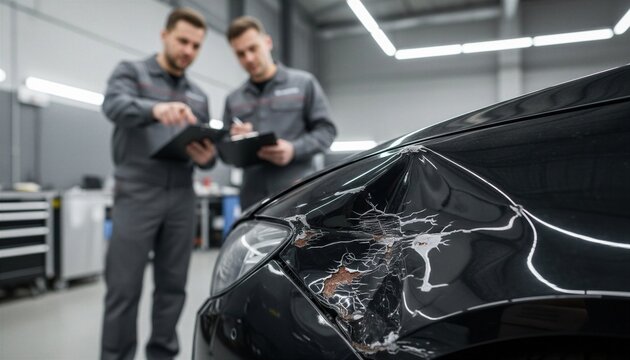 Auto mechanics inspecting a car with significant damage to the front fender and headlight after an accident