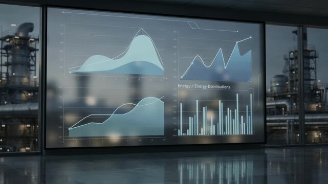Medium shot of an AIpowered refinery dashboard showcasing interactive 2D yield graphs and energy consumption metrics on a hightech digital wall.