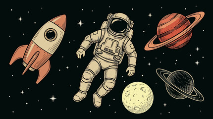 Vintage Outer Space Elements: Astronaut, Rocket, Planets & Stars. Hand-drawn Cosmic Exploration Vector Art. © rendy