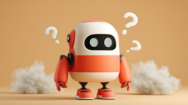 Curious small robot standing amid steam with question marks overhead, playful mood and warm color palette