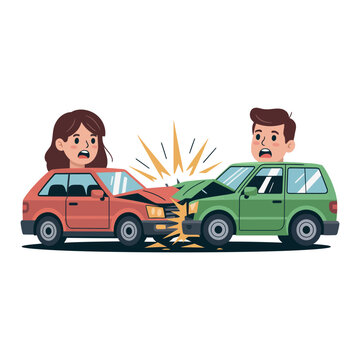 Two distressed drivers react immediately after their cars collide in a front-end.
