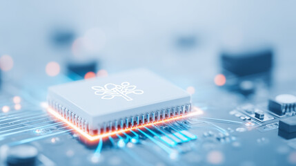 Microchip with leaf symbol on circuit board representing green computing and sustainable processor technology concept.

