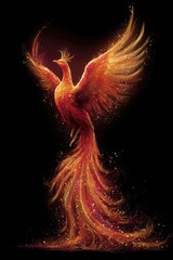 Fototapeta premium Fantasy phoenix bird rising in flames with glowing fiery wings and sparkling particles, symbolising rebirth, power and mythical transformation concept