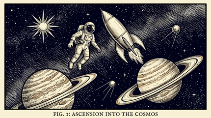 Vintage Space Exploration Art: Astronaut, Rocket, Planets in Cosmic Engraving Style © rendy
