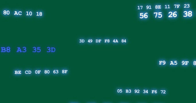 On click hex bytes sliding, zooming center, pulsing, fading, showing digital data on transparent bg