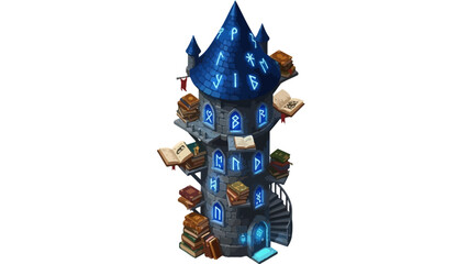 Enchanted magic tower filled with books and runes. © Doni