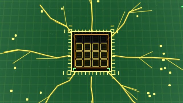 Triangle morphing into chip emitting traces and cycling 5x5 grid presenting transparent HUD readout