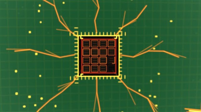 Dark L outline appearing, chip pulsing cells, sending orange traces, transparent, showing activity