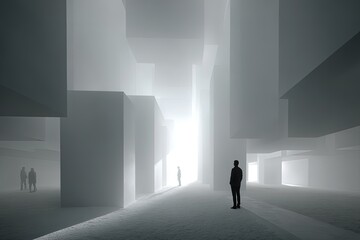 Obraz premium Abstract Futuristic Cityscape With White Cubes And Silhouettes
