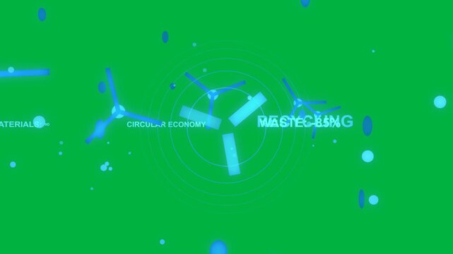 Pulsing rings drawing neon blobs to center, converging, forming recycling emblem on clear canvas