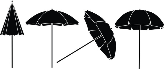 Beach and patio umbrella silhouettes in multiple positions, open closed broken parasol black and white vector illustration for summer, weather, outdoor design © Krisna