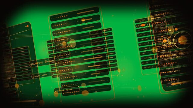 Startup pulse initiating HUD, panels and nodes shifting, lines mapping active flow on transparent