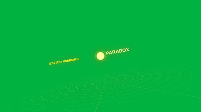 Grid emitting beam, HUD pulsing into PARADOX, showing STATUS UNSOLVED on transparent background