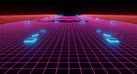 Neonlit grid pattern with blue and pink lights on black background transparent background