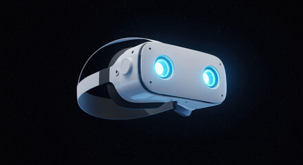 Virtual reality headset with glowing blue lenses on dark background transparent background