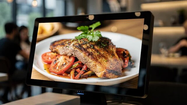 Promo highlight featured brightly on AIdriven digital menu board main dish vividly captured as background diners and decor remain softly blurred.