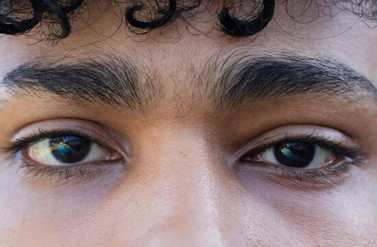 Central face area is showing thick dark eyebrows and corneal reflections in tight portrait crop