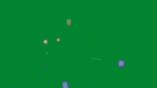 Blue rect emerging, causing atoms and icons drifting pulsing showing device link on clear canvas