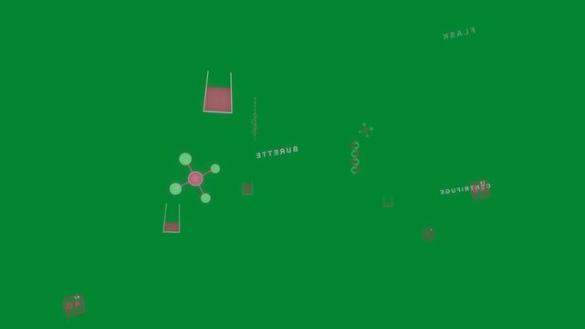 On loop start molecule, flask, DNA icons floating on transparent bg, drifting, rotating to show lab