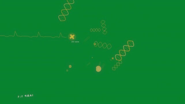 Central orb emerging DNA helix orbiting and scaling with pulsing ECG+ showing bio on transparent bg