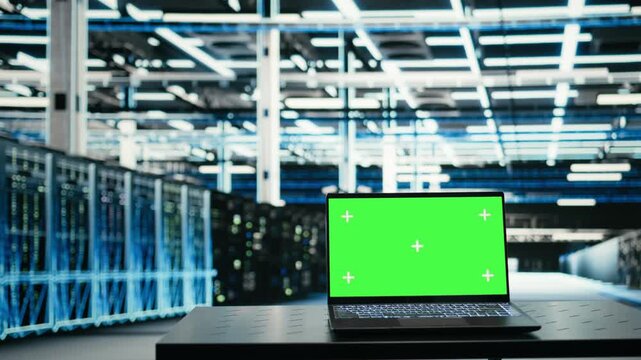 Isolated screen laptop in data center managing IT infrastructure helping power internet services, close up shot. Chroma key notebook in server hub built for digital storage systems