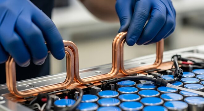 Technician installing copper busbar on electric vehicle battery pack