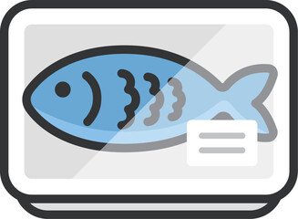 スーパーのパックに入った、魚のアイコン（線画カラー）のイラスト