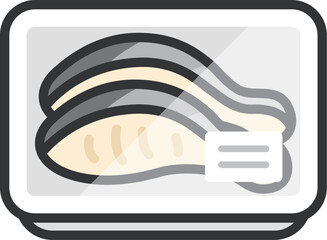 スーパーのパックに入った、魚の切り身のアイコン（線画カラー）のイラスト