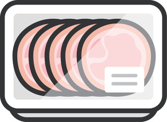 スーパーのパックに入った、ロースハムのアイコン（線画カラー）のイラスト