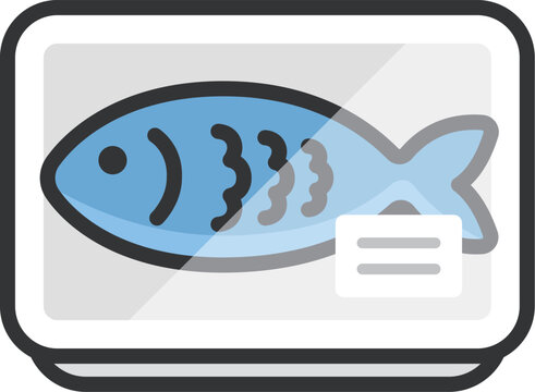 スーパーのパックに入った、魚のアイコン（線画カラー）のイラスト