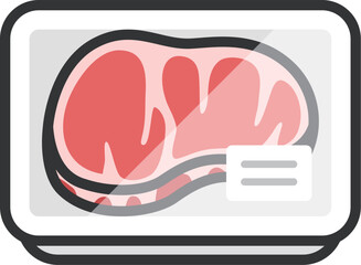スーパーのパックに入った、ステーキ肉のアイコン（線画カラー）のイラスト