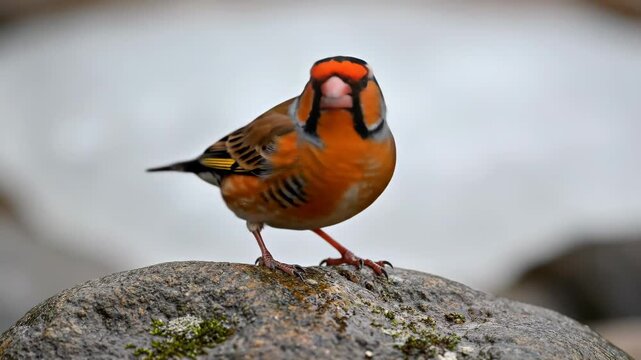 Vibrant Wildlife Moment: a colorful finch pecking on a mossy rock, perfect for nature documentaries or educational content.