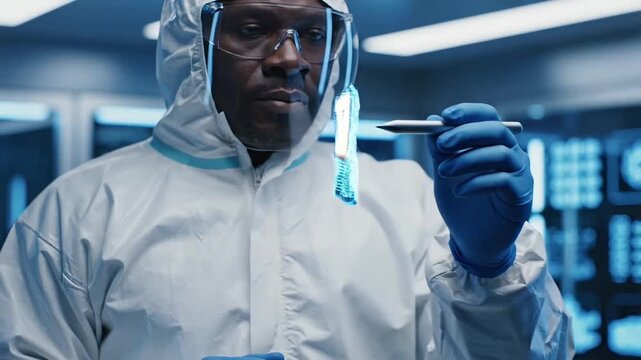 Scientist in Hazmat Suit Examines Futuristic Holographic Microchip in Laboratory.