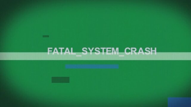 FATAL_SYSTEM_CRASH appearing on transparent field, blue bar pulsing, stripe sweeping, showing crash