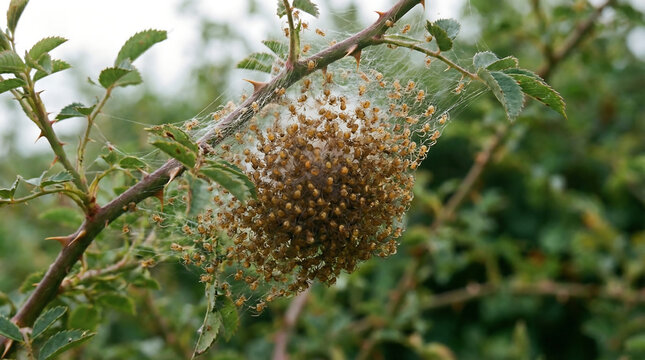 Tiny spiderlings emerging from a silken nest attached to a thorny branch in nature