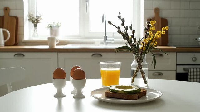 serving easter breakfast on white table in bright kitchen with hand putting orange juice near avocado toasts and boiled eggs with willow and mimosa flowers in vase