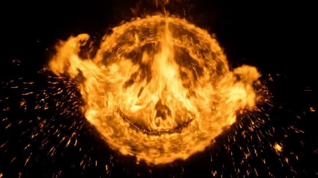 A dynamic fiery explosion forming a peace sign and a skull-like face against a dark background with sparks flying.