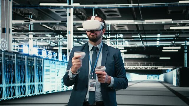 Debugging system errors, VR headset tech and computer scientist in data center. Using virtual reality simulation, wireframe mesh gear and worker in server farm running diagnostics, camera A
