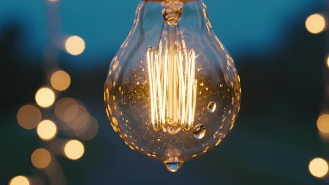 A mesmerizing close-up captures a vintage-style light bulb glowing warmly against a dreamy, out-of-focus background of golden bokeh lights. Intricate filaments radiate bright, inviting illumination, w