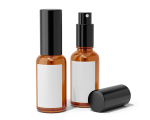 Obraz premium Blank amber small spray bottle with black cap and blank label isolated on transparent background, Prepared For Mockup, 3D Render.