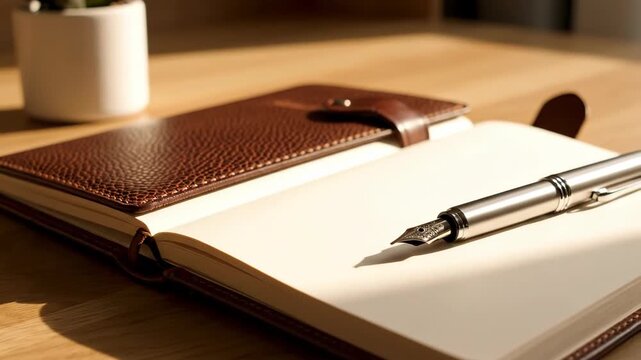 Open Leather Bound Journal with Fountain Pen and Potted Plant on Wooden Desk.