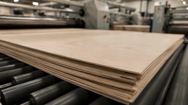 Stacked ultrathin plywood sheets neatly arranged on a conveyor belt emphasizing efficient production processes for bendable materials used in custom architectural designs.