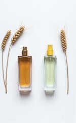 Fototapeta premium Two perfume bottles beside wheat stalks on white background. Minimalist, elegant composition.