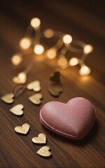 Fototapeta premium Golden hearts scattered on wood, one pink heart locks the scene in love.