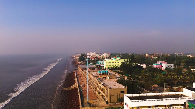 Aerial drone view of Mandarmani sea beach during low tide