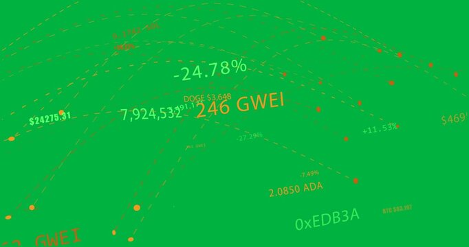 Camera rotating left-up showing grid with crypto data, dashed arcs and labels on transparent bg
