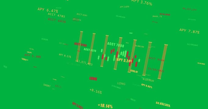 View rotating, HUD showing candles shifting, tags sliding, showing market data on transparent bg