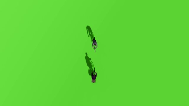 Two cyclists on a green screen background viewed from above.
