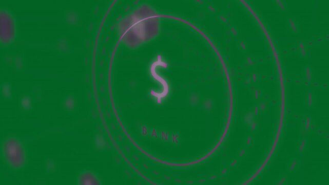 Glowing BANK $ logo pulsing, rings turning, tokens drifting, sweep starting payments, transparent